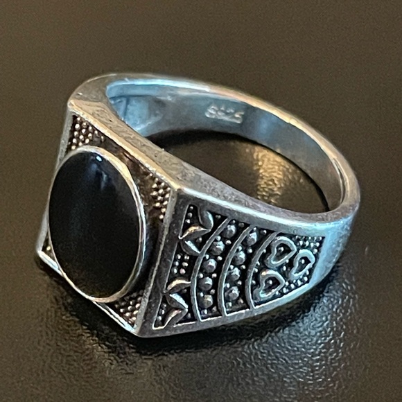 Vintage black obsidian S925 silver ring - Picture 3 of 9
